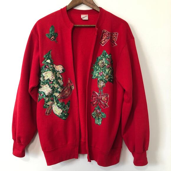 VTG 90s Girardin Christmas Cardinal Sweatshirt Cardigan L Glitter Appliqué USA - Picture 2 of 13